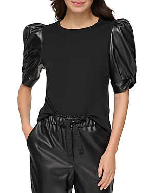 Dkny Faux Leather Puff Sleeve Top
