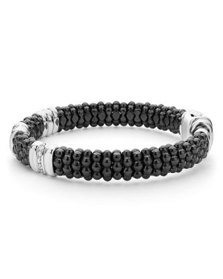 Sterling Silver Black Caviar Black Ceramic & Diamond Rondelle Beaded Bracelet
