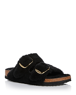 Birkenstock Arizona Shearling Slides With Large Buckle In Black