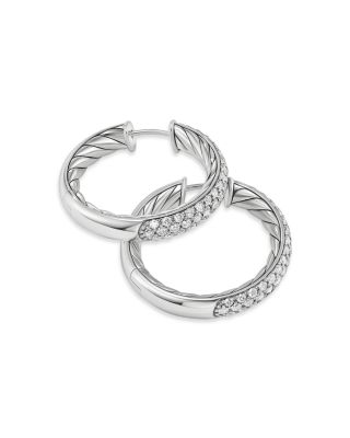 Sculpted Cable Hoop Earrings in Sterling Silver with Pav&eacute; Diamonds