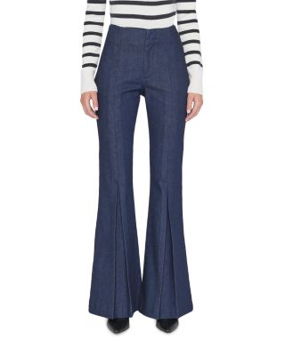 FRAME - Pleated High Rise Long Flare Denim Trousers in Rinse