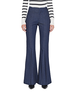 FRAME PLEATED HIGH RISE LONG FLARE DENIM TROUSERS IN RINSE