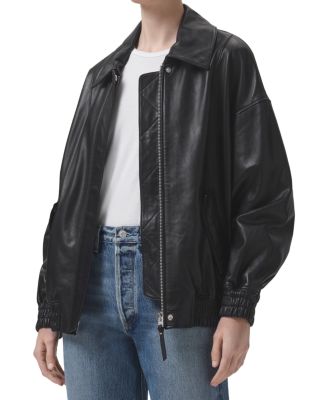 X Shoreditch Ski Club Ava Leather Bomber Jacket In Black