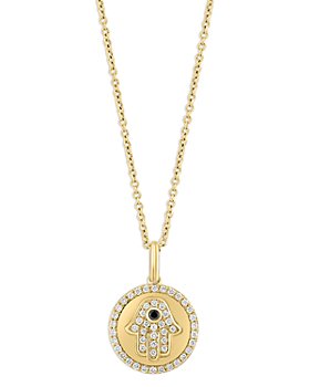 Bloomingdale's - Black & White Diamond Hamsa Hand Pendant Necklace in 14K Yellow Gold, 18"