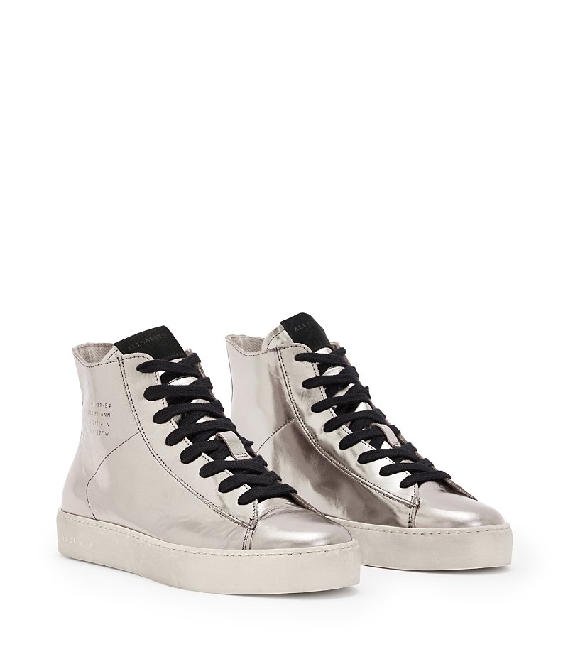 Allsaints Tana Metallic High Top Leather Trainers In Silver