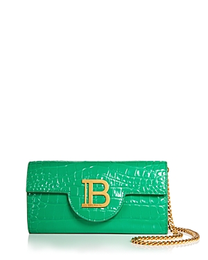 Shop Balmain Bbuzz Croc Embossed Leather Wallet On A Chain In Jade/gold
