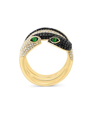 Tsavorite, Black & White Diamond Snake Ring in 14K Yellow Gold