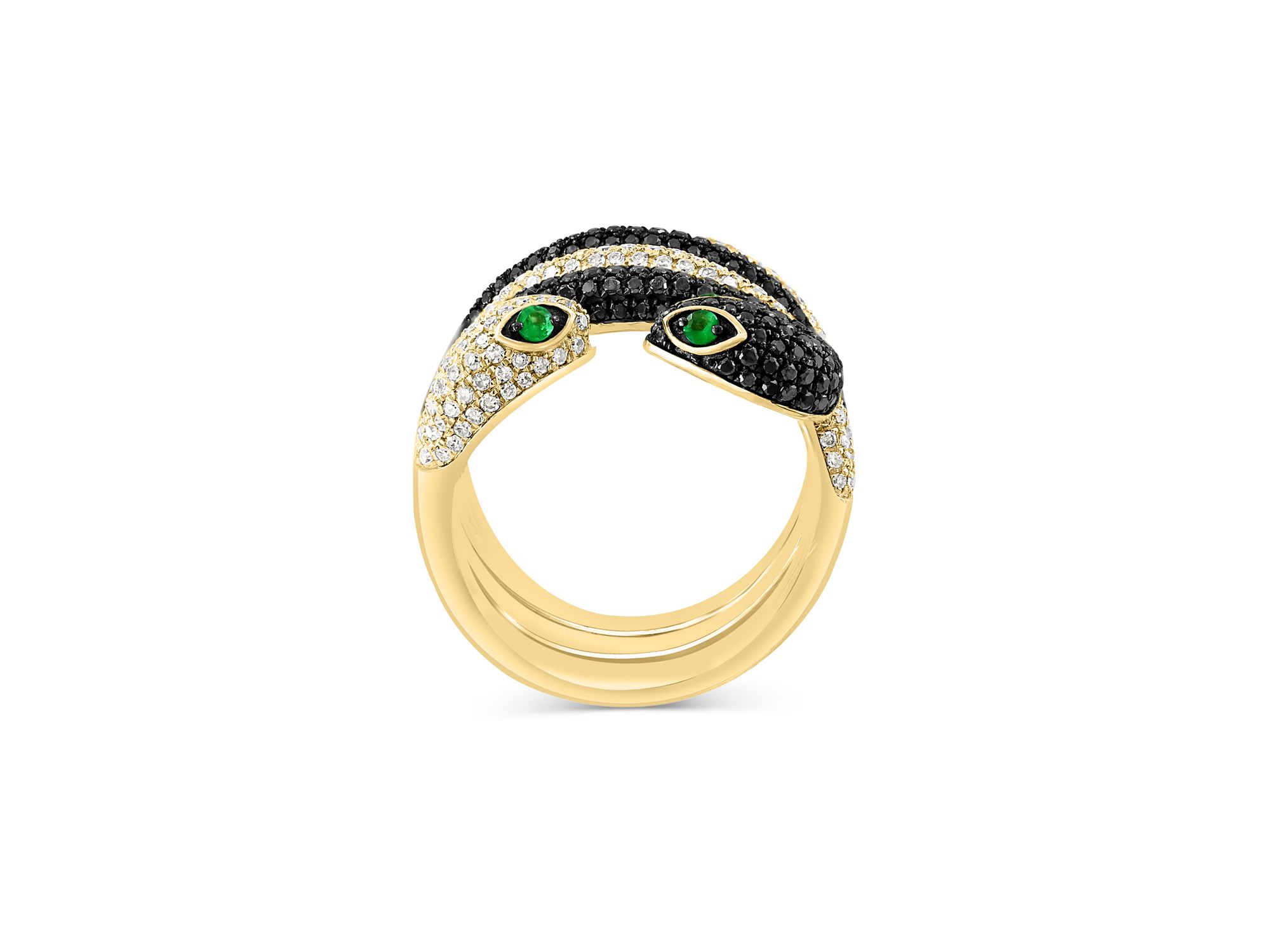 Tsavorite, Black & White Diamond Snake Ring in 14K Yellow Gold — Image 3