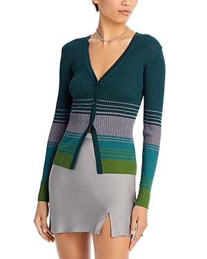 Staud Cargo Stripe Rib Cardigan In Pine Forest