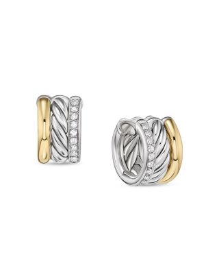 David Yurman Sterling Silver & 18K Yellow Gold Mercer Diamond Huggie Earrings