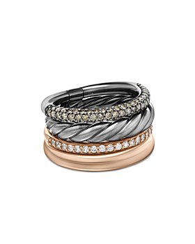 David Yurman - DY Mercer Melange Multi Row Ring in Sterling Silver with 18K Rose Gold and Pavé Cognac Diamonds