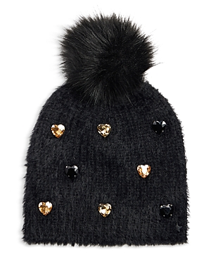 Jocelyn Knit Beanie With Rhinestone Hearts In Black