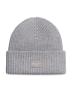 Rag & Bone Blake Logo Patch Wool Blend Rib Beanie In Gray