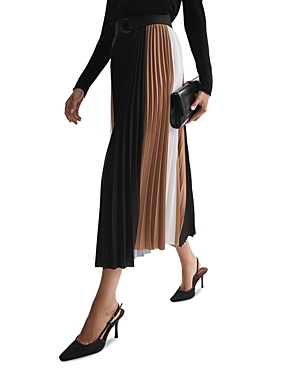 Shop Reiss Ava Color Blocked Pleated Midi Skirt In Black/camel