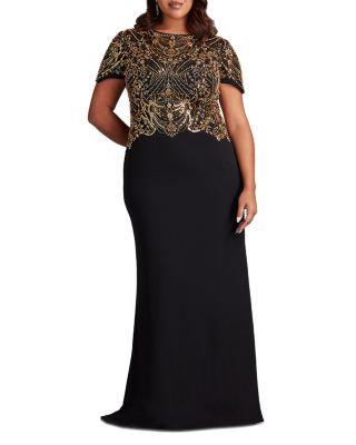 Tadashi Shoji - Plus Short Sleeve Beaded Crepe Gown