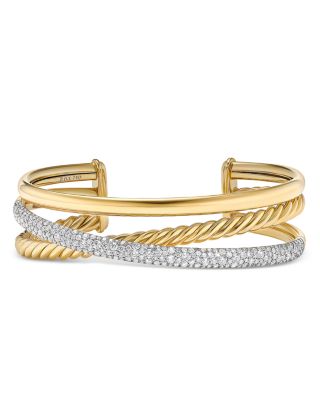 David Yurman - Pav&eacute; Crossover Three Row Cuff Bracelet in 18K Yellow Gold with Diamonds