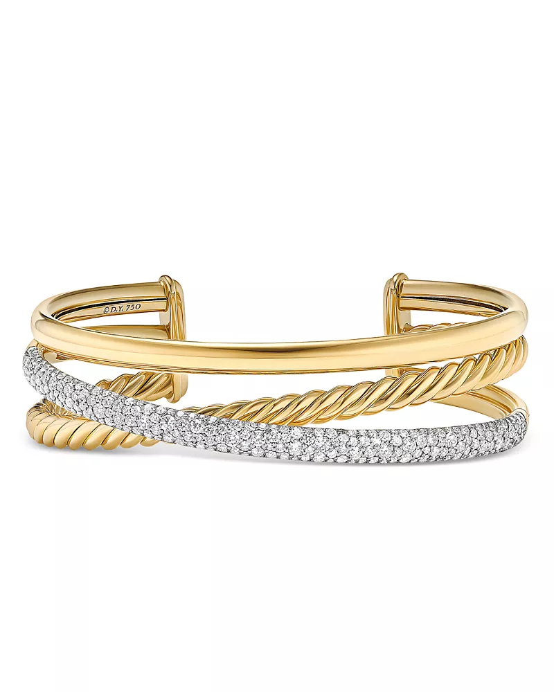 David Yurman Pave Crossover Three Row Cuff Bracelet in 18K Yellow Gold with Diamonds