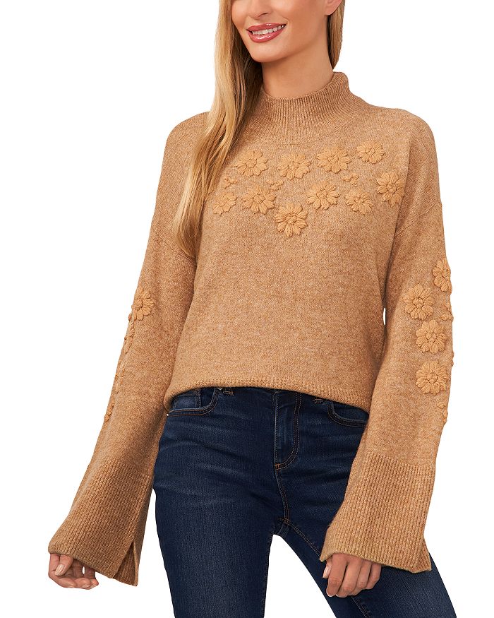 Perfee Flower Mock Neck Long Sleeve Sweater