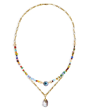 Aqua Evil Eye Layered Pendant Necklace, 15.5-16.5 In Multi/gold