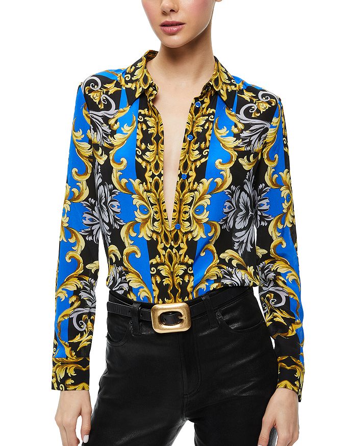 Alice and Olivia Willa Printed Silk Placket Top | Bloomingdale's