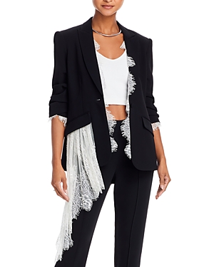 Cinq À Sept Keeves Scrunched-sleeve Lace Embellished Blazer In Black/ivory