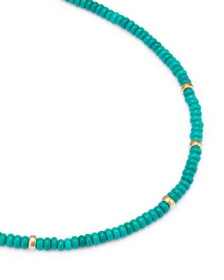 14K Yellow Gold Gemstone Beads Turquoise Rondelle Collar Necklace, 16-18"
