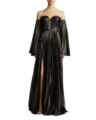 Off-the-shoulder Pleated Gown With Slit Mist