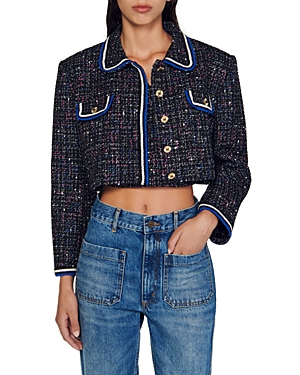 Sandro Vicky Tweed Cropped Jacket In Blanc/ Blue