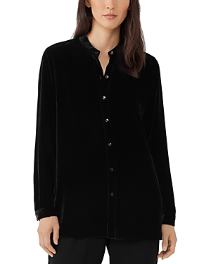 Eileen Fisher Band Collar Velvet Button-up Shirt In Black