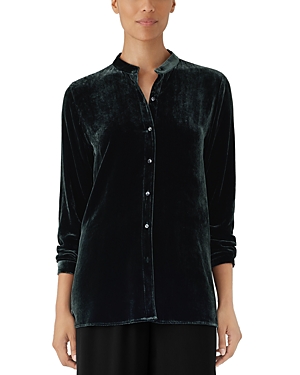 Shop Eileen Fisher Velvet Mandarin Collar Long Shirt In Ivy