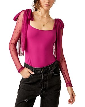 Free People Tongue Tied Mesh Sleeve Tie Shoulder Bodysuit In Fuschia