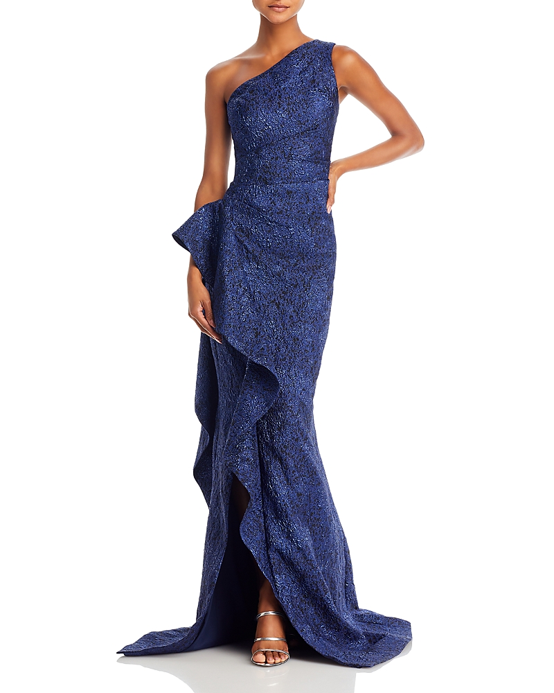 Teri Jon by Rickie Freeman Metallic Jacquard One-Shoulder Gown