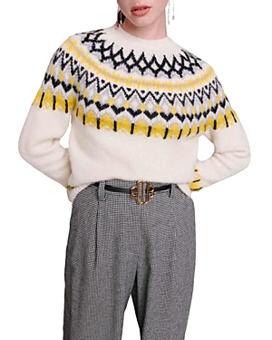 Maje Womens Bicolore Mamonix Fair-isle Knitted Jumper In Ecru/ Yellow