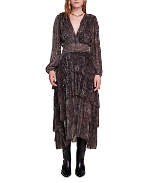 Maje Ruffinity Metallic Long Sleeve Tiered Maxi Dress In Brown