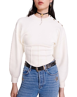 Maje Crop Lantern Sleeve Corset Detail Sweater In Ecru