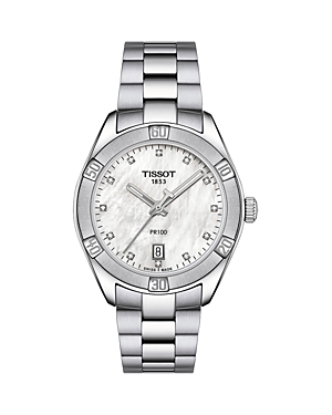 Tissot Women's Swiss Pr 100 Sport Chic Diamond (1/20 Ct. T.w.) Stainless Steel Bracelet Watch 36mm In Silver
