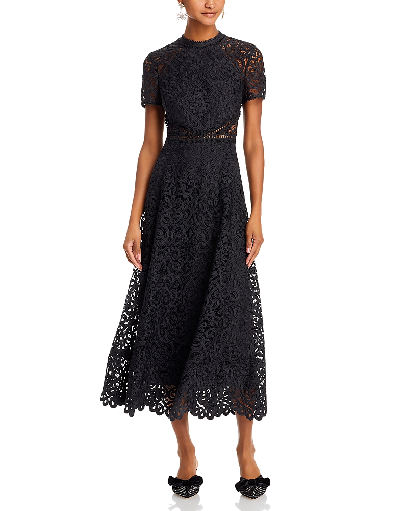 ml Monique Lhuillier Lace Short-sleeve A-line Midi Dress In Jet