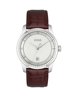 Hugo Boss Men Principle Quartz Basic Calendar Brown Leather Watch 41mm In Silver/brown