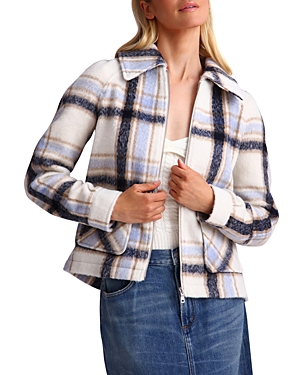Bagatelle Zip Front Cropped Jacket In Blue- Cream Plaid