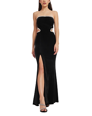 Shop Dress The Population Ariana Cutout Strapless Velvet Gown In Black Silver