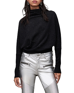 Allsaints Ridley Roll Neck Sparkle Relaxed Sweater In Black/ Silver