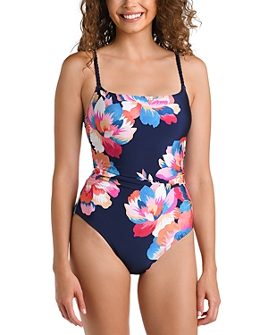 La Blanca Floral-print One-shoulder One-piece Swimsuit In Indigo