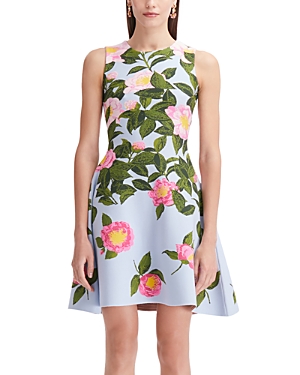 Shop Oscar De La Renta Floral Jacquard Dress In Pink/pale Blue