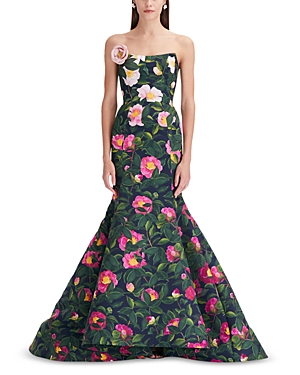 Shop Oscar De La Renta Floral Print Strapless Gown In Pink/navy
