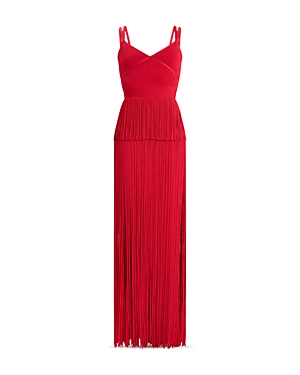 Herve Leger Strappy Ottoman Fringe Gown In Rio Red