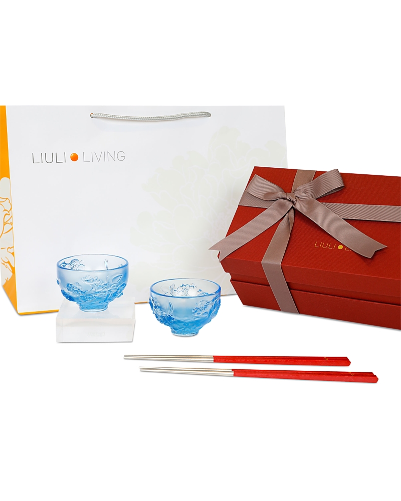 Liuli The Joy Of Fish 2 Bowls & 2 Pairs Of Chopsticks In Blue