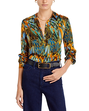 Shop L Agence L'agence Tyler Printed Silk Long Sleeve Shirt In Blue Multi