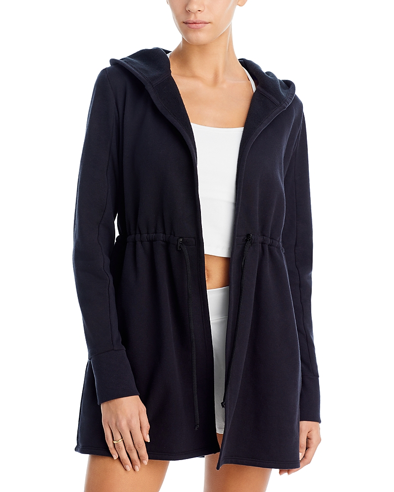 Beyond Yoga On The Go Open Front Hooded Jacket In Black