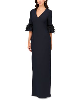Aidan Mattox V Neck Long Sleeve Feather Trim Dress | Bloomingdale's Women