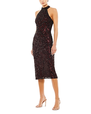 Mac Duggal Sequin High Neck Halter Midi Dress In Blackberry